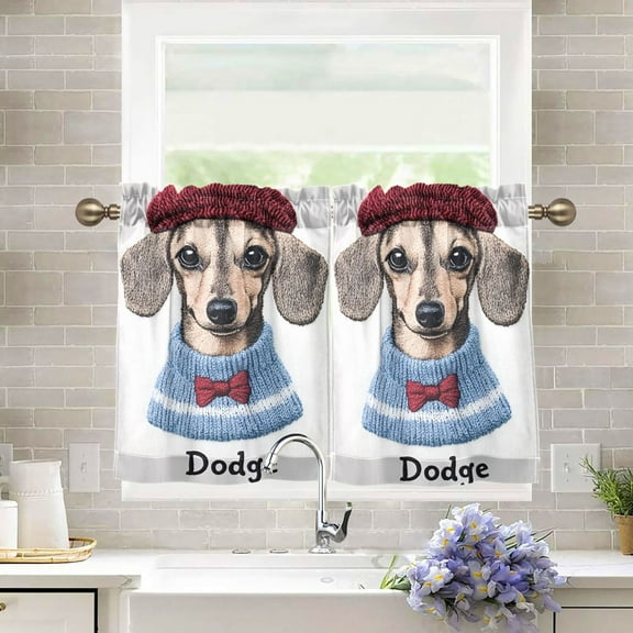 Yayeee Kitchen Curtains Tier Pair Light Filtering 27"x36" Rod Pocket Short Cafe Window Panel, Gray Cute Dog Artist