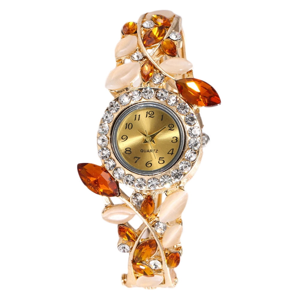 junmao Luxury Women Rhinestone Leaf Round Dial Analog Open Bracelet ...