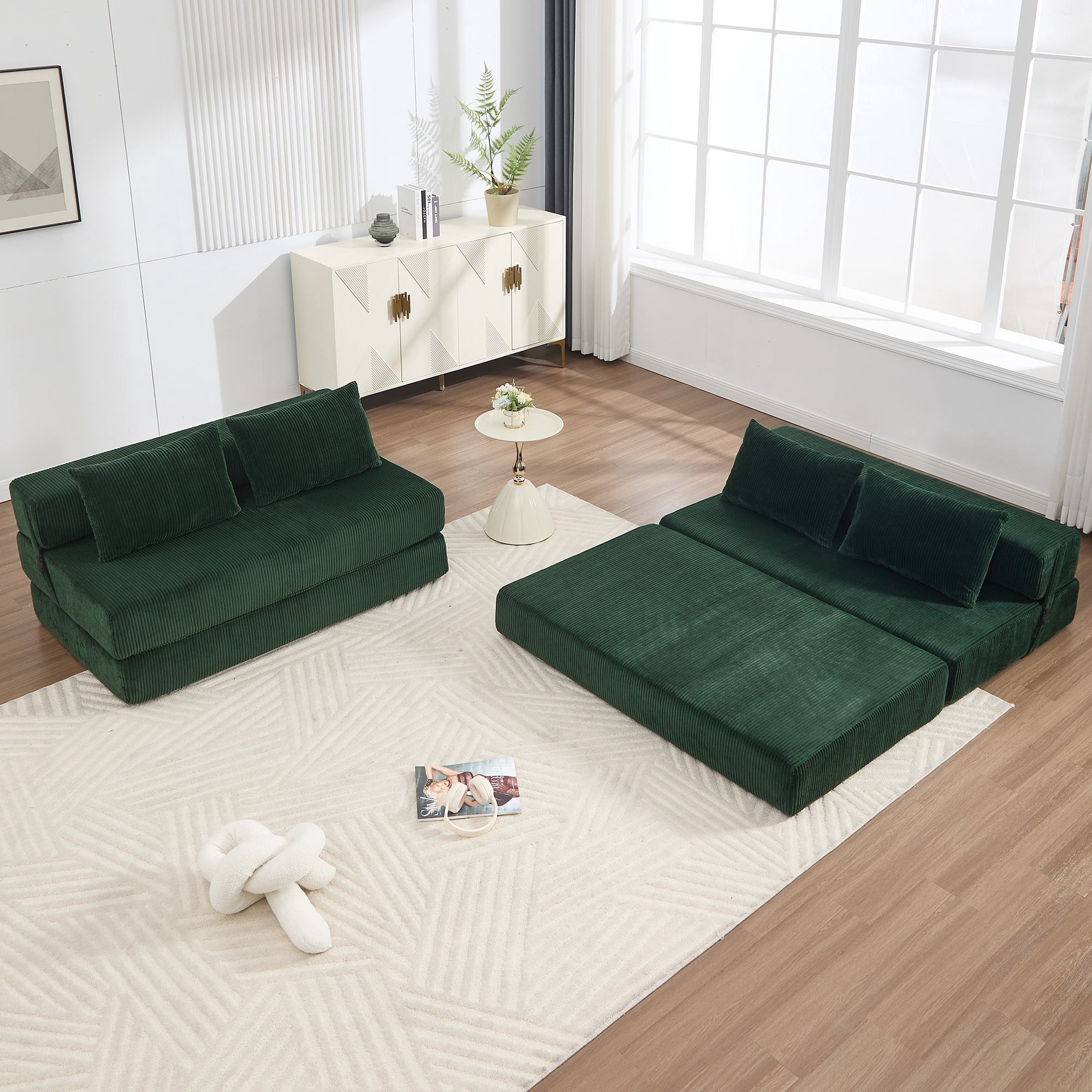 Aukfa Full Size Folding Sofa Bed, Loveseat Sleeper, Corduroy Convertible Floor Couch Mattress for Living Room, Dorm, Guest Room, Green