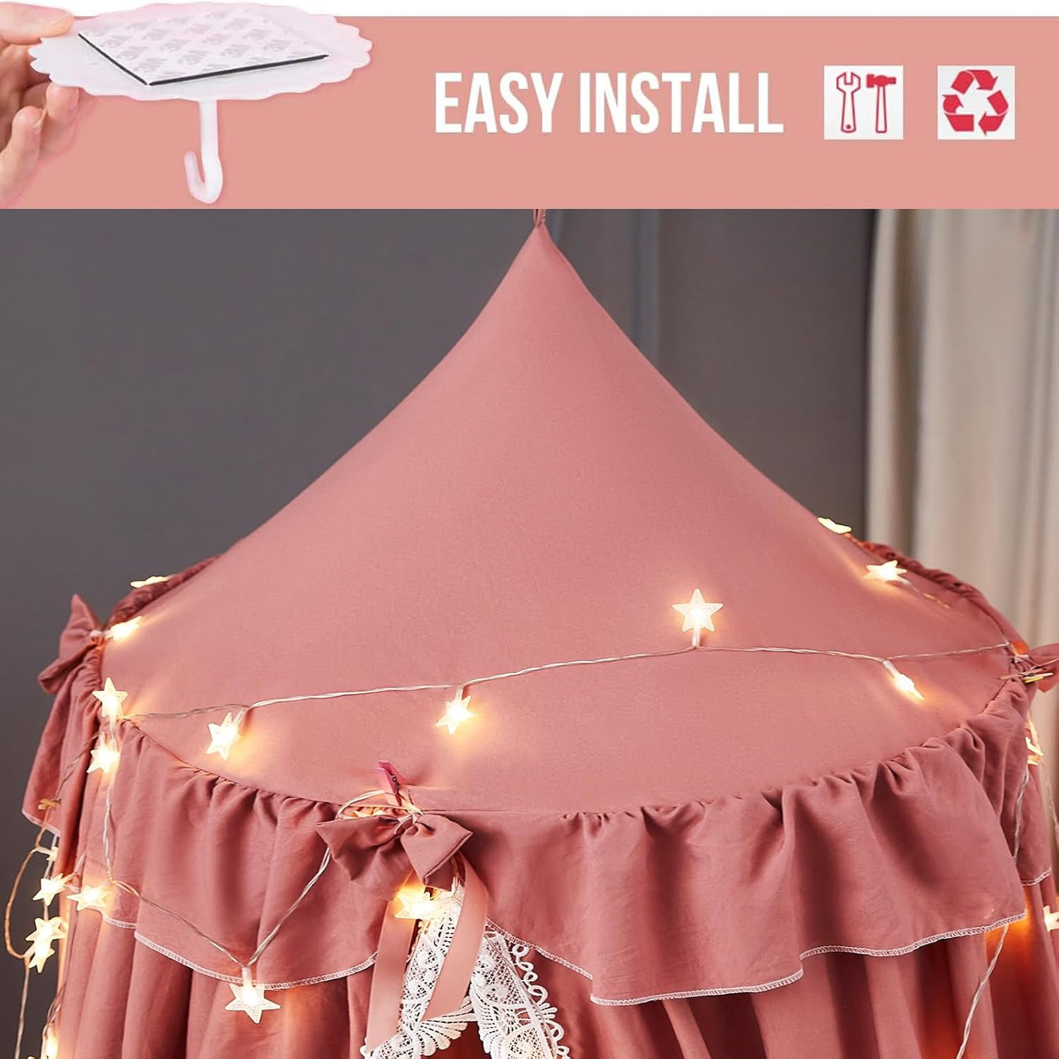 Bed Canopy for Girls, Ruffled Soft Pink Princess Canopy Dreamy Bow Decor, Bed Canopies for Kids Room, Hanging Canopy Bedding Drapes Toddler Reading Nook Play Tent (Red Bean)
