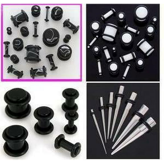 Black White PLUGS Steel TAPERS 0G-14G gauge ear stretching -32pc kit