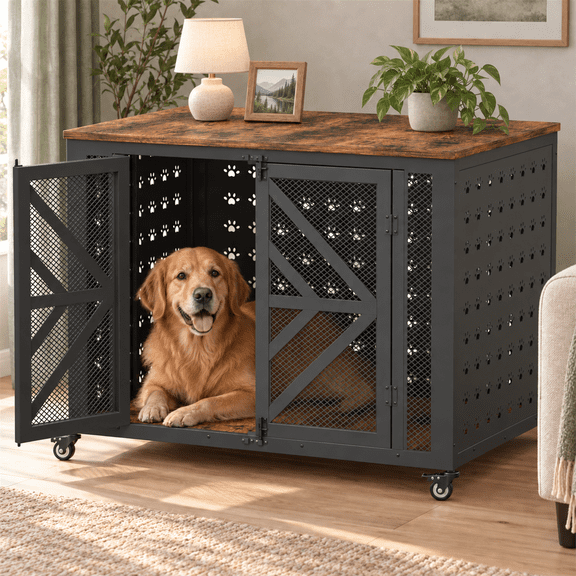 Amlancher 42" Dog Crate Furniture with Double Doors and Locking Wheels, Rustic Brown