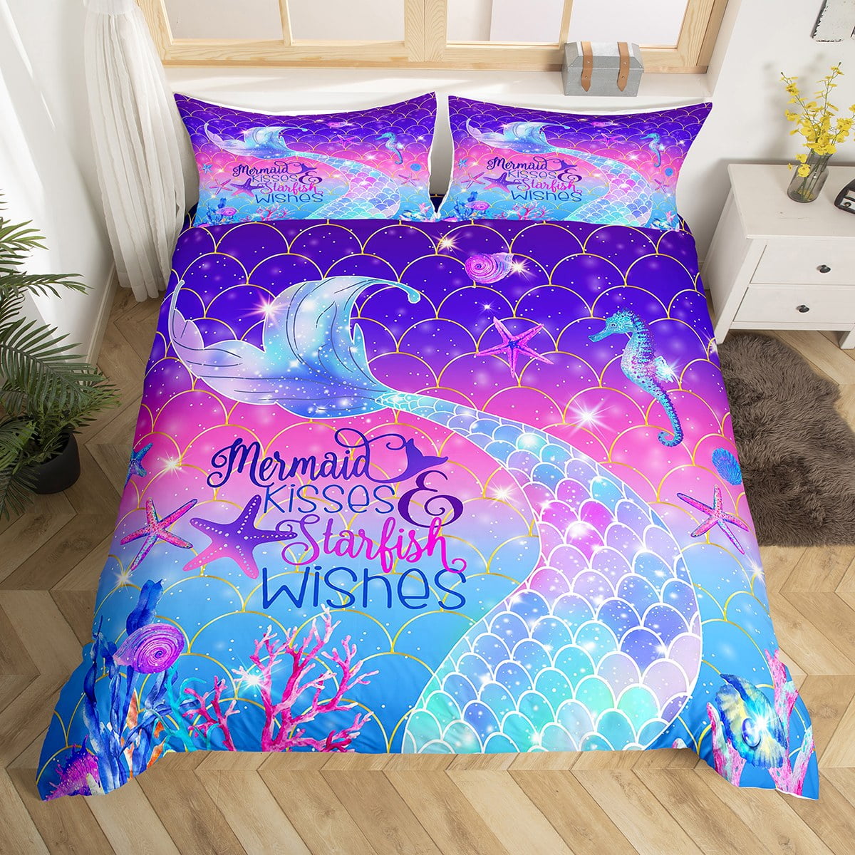 Cartoon Mermaid Tale Duvet Cover for Kids,Rainbow Fish Scale Bedding Set Full,Watercolor Ombre