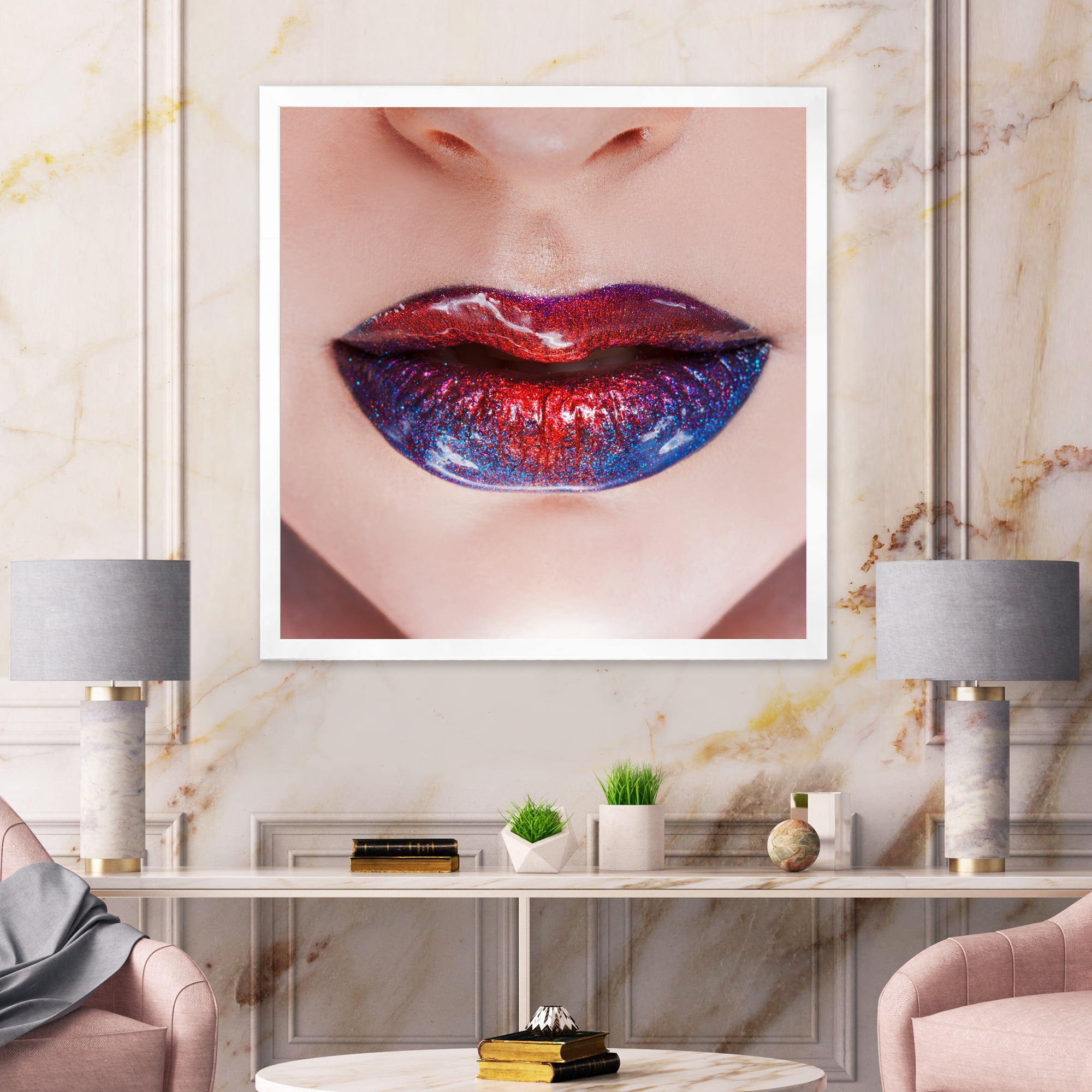 Designart 'Beautiful Women Lips With Red and Blue Lipstick' Modern Framed Art Print