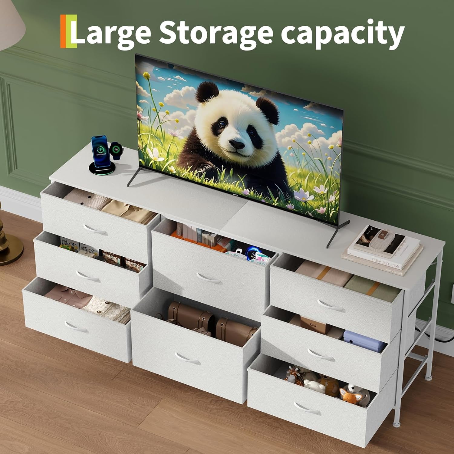 63 Inch TV Stand Dresser for Bedroom, 8 Fabric Drawers, for 65 70 75 Inch TV, Entertainment Center with Storage Media TV Console Table