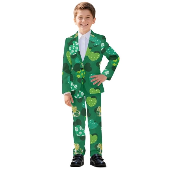 Xoenoiee Green Heart Shamrock Print Boys Slim Fit Suits for Boys St. Patrick's Day Suit Set Dresswear Ring Bearer Outfit Kids Suits Wedding Dress, Size 5-6 Years