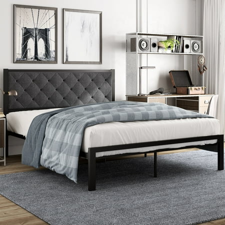 Amolife Full Size Metal Bed Frame with Upholstered Headboard Dark Grey