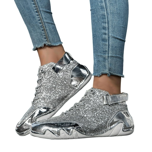 Leozcaa Women's Glitter Tennis Sneaker Platform Lace up Rhinestone Bling Wedding Shiny Sequin Booties