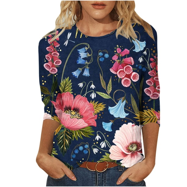 Elegante blusa de manga tres cuartos con cuello redondo retro para mujer con estampado de Pascua y manga tres cuartos OAVQHLG3B Store lin121212