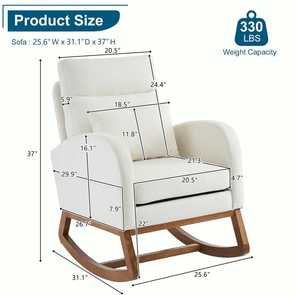 Spaco Linen Rocking Chair with Thick Headrest, Upholstered Mid-Century Modern Nursing Rocker Glider with Curved Armrest and Sturdy Solid Wood Base for Living Room, Bedroom, Baby Room, Beige