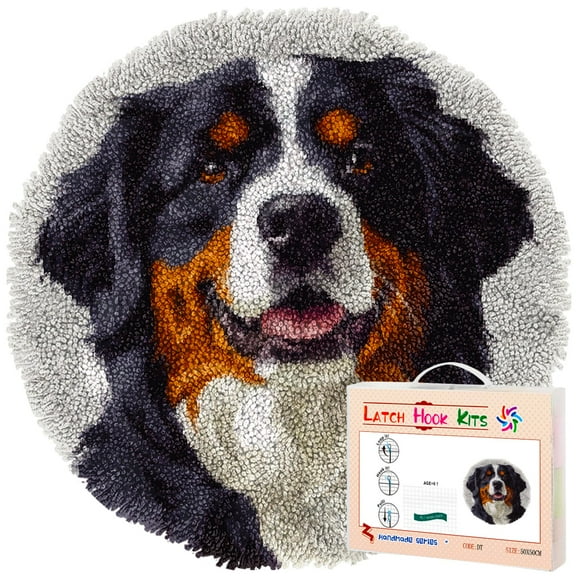 Latch Hook Rug Kit Bernese Mountain Dog Stamped Handmade Round Shape Carpet Crochet Yarn Craft DIY Hook and Latch Door Mat Tapestry for Christmas Home Floor Decor 50x50cm(1)