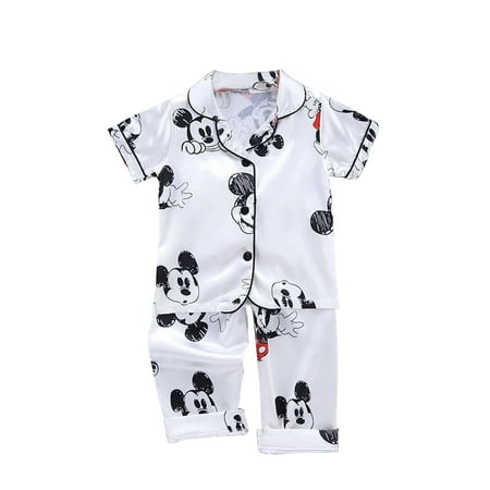 

Baby Summer Shirt Silk Pants Suit Lapel Neck Short Sleeve Buttons Blouse Loose Sleeping Cartoon Mouse Printed Clothes