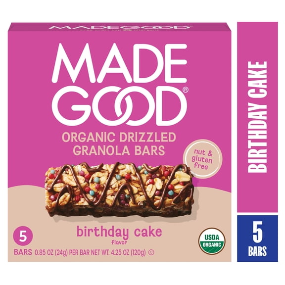 MadeGood Chocolate Drizzle Birthday Cake Flavor Granola Bars, 5 Count (0.78oz Each)