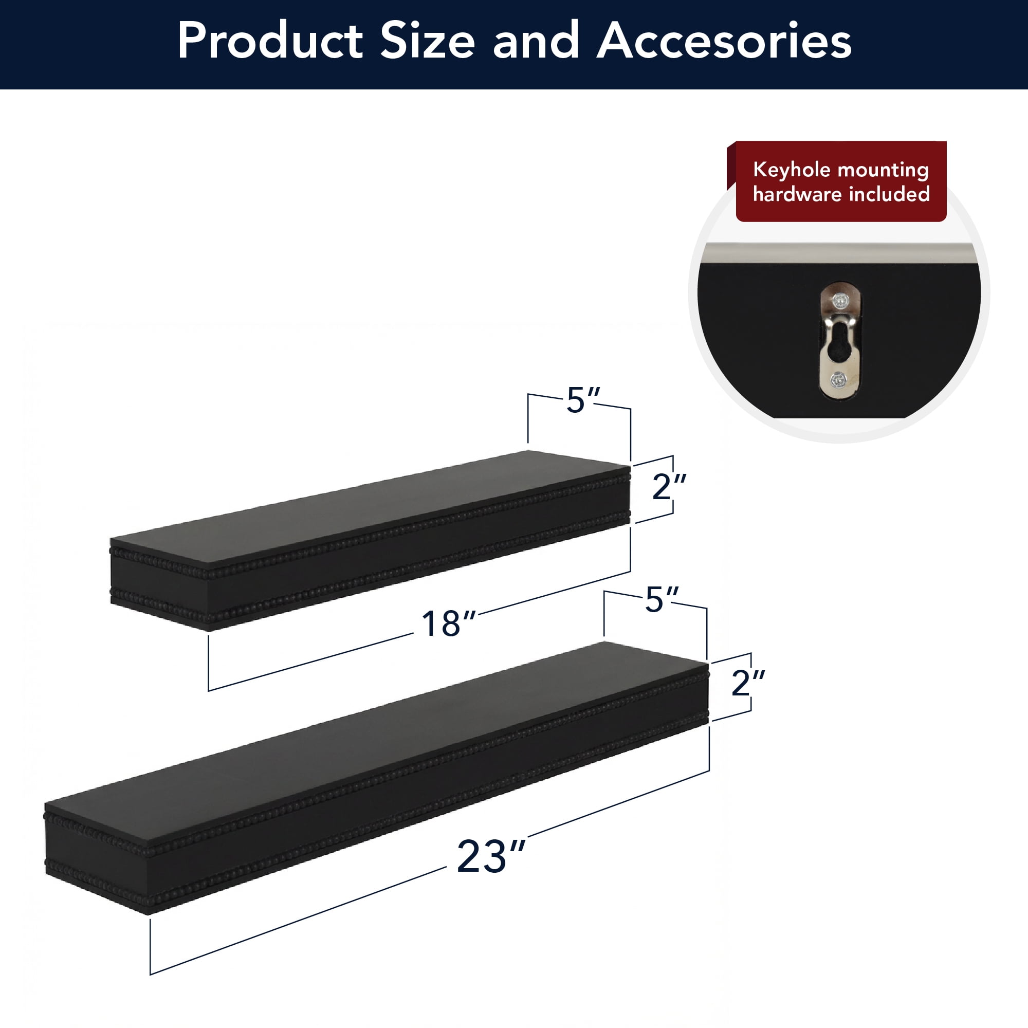 American Art Decor Beaded 2-Piece Floating Wall Shelf Set, Black Shabby Chic Carved Picture Ledge Shelves with Lip, Decorative Wall Ledge for Nursery, Gallery, or Living Room Display