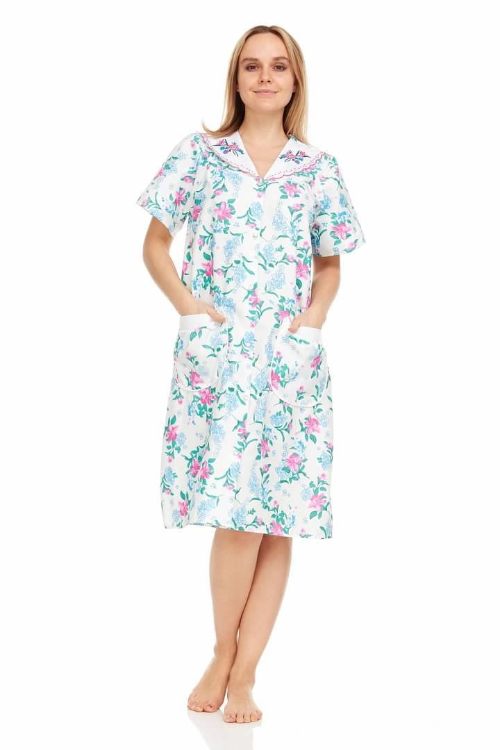 Dream8teen Women's Snaps Front Closure House Dress Short Sleeve Woven