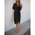 thumbnail image 2 of Gdvsclr Short Sleeve Dresses for Women V Neck Pleated Slim Fit Flowy Swing Shift Irregular Midi Dress Black S, 2 of 8