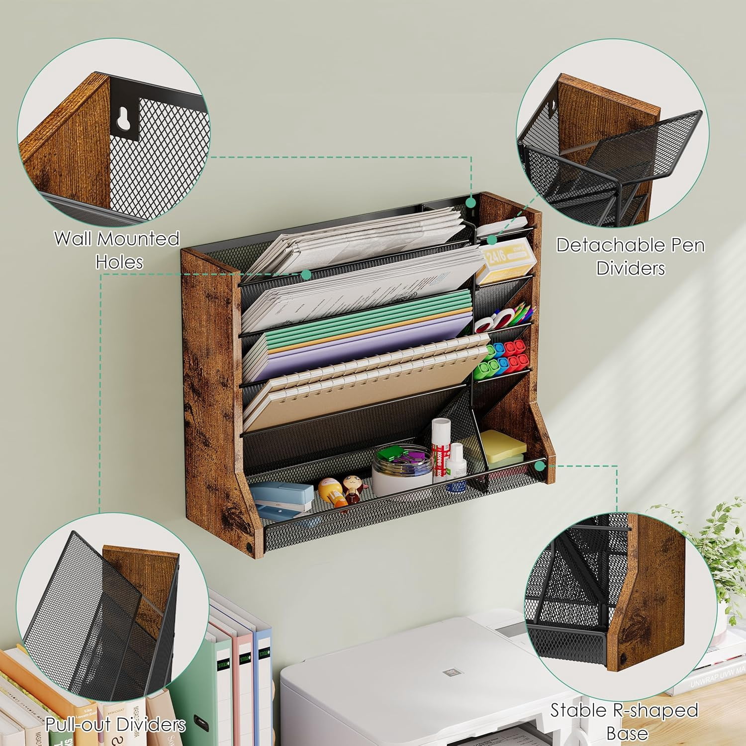 X-COSRACK 5-Tier Wall File Organizer, 2-in-1 Wood & Metal Hanging Folder Holder & Desktop Paper Sorter with Adjustable Dividers and Stable R-Shaped Base for Office & Home