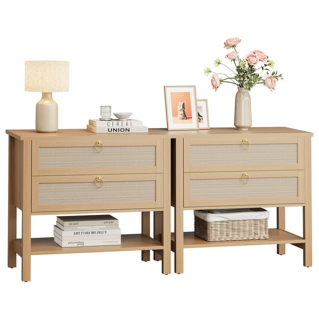 Rattan Night Stand Set of 2, Boho Nightstand with 2 Drawers and Storage Shelf, Modern Farmhouse Nightstand, Side Tables for Living Room, Bedroom