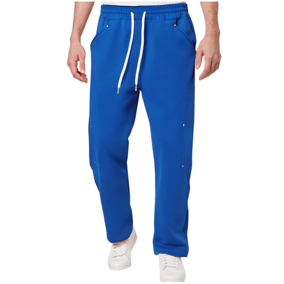 Ohufall Men's Casual Pants Plus Size Comfy Relaxed Fit Elastic Waist Drawstring Trousers Fashion Solid Pocket Straight Leg Pants
