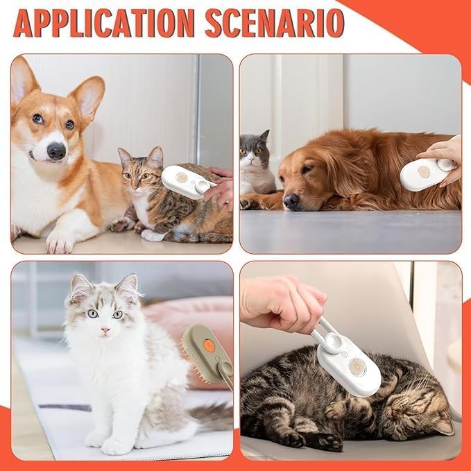Dog & Cat Steam Brush 3 In 1 Steamy Orange Pet-Brush Gift for Pets Cats and Dogs