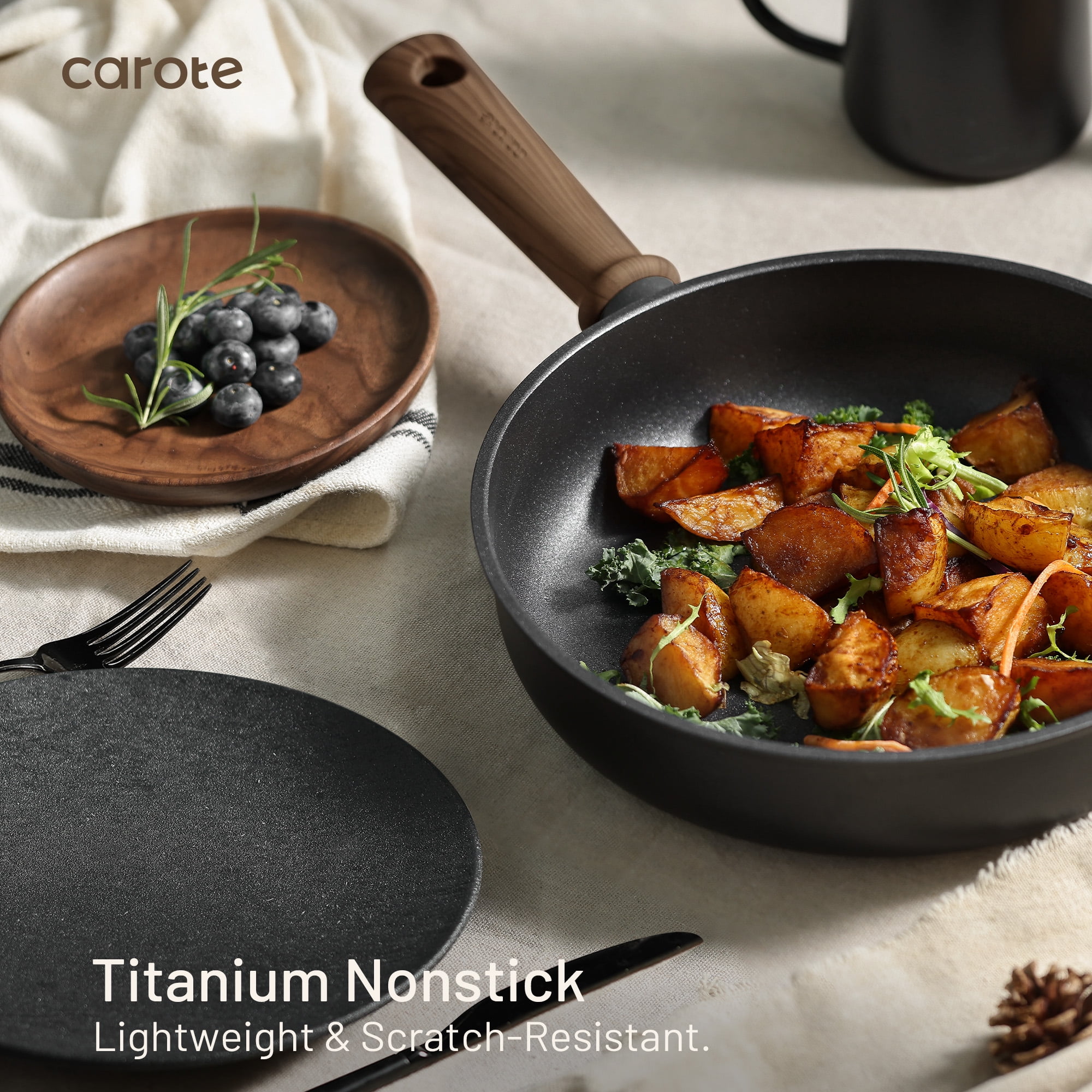 Carote Titanium Nonstick Pots and Pans Set, Carote Titanium Nonstick Pots and Pans Set, 15 Pieces Kitchen Induction Cookware Set with Silicone Tools and Pan Protector, Dishwasher Safe, Black