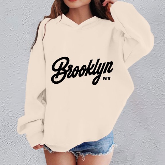 Trendfront Girls Pullover Hoodies Long Sleeve Brooklyn Letter Graphic Winter Casual Loose Fit Sweatshirt Daily Wear Tops