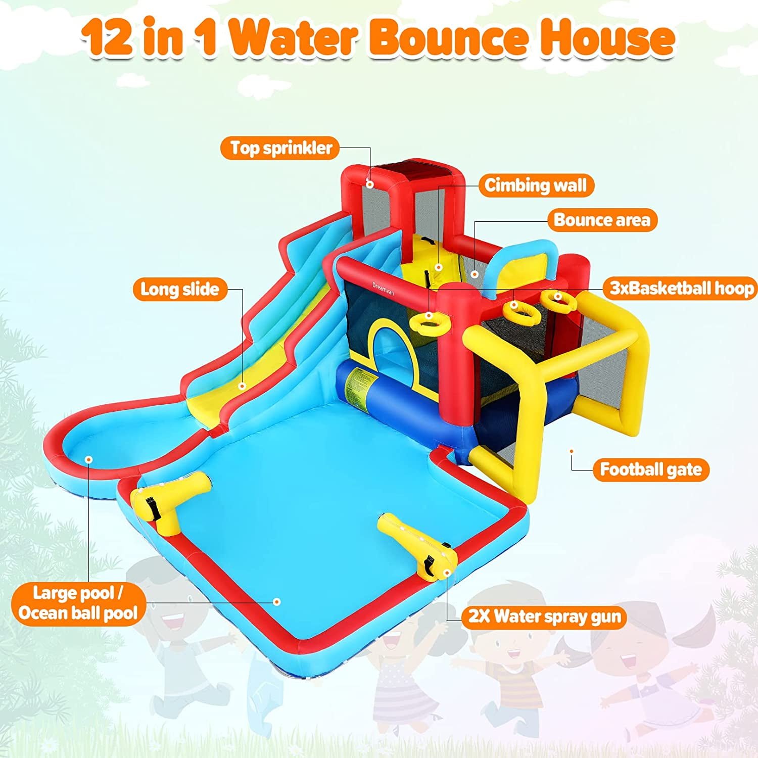 Qhomic Inflatable Water Slide 12 in 1 Waterfall Waves Mega Water Park, Inflatable Bounce House Water Slide with Splash Pool, Climbing Wall, Cannon, Basketball Hoop, Ball Shooting, Football Gate