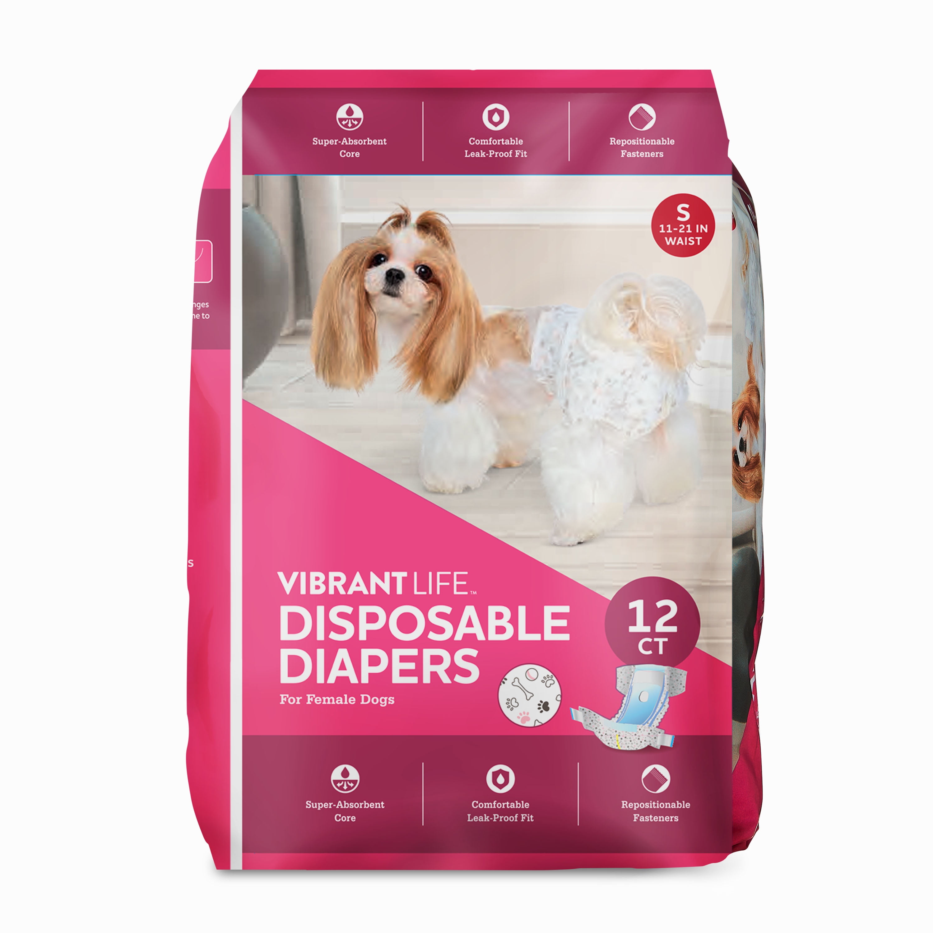 (12 pack) Vibrant Life Disposable Dog Diapers for Female Dogs, S, 12 Count