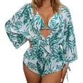 thumbnail image 1 of Gibobby Trajes de Baño Mujer Completo Traje de baño para mujer de manga larga de piezas de malla en la cintura con cordón estampado Split Bikini traje de(Verde,CH), 1 of 4