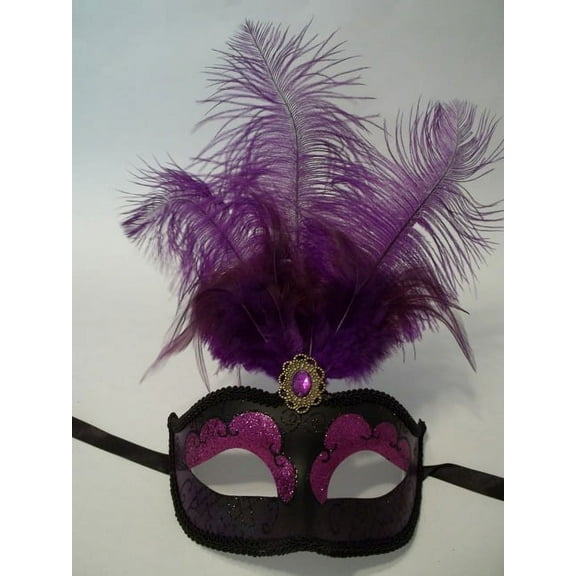 Purple Black Venetian Mask Feather Masquerade Mardi Gras 12"