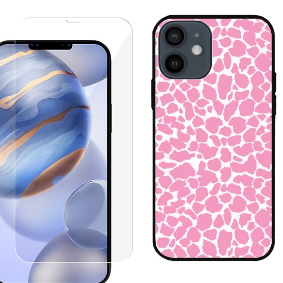 Slim-Fit Protective Phone Case (Black) compatible with iPhone 12 / iPhone 12 Pro, with Tempered Glass Screen Protector, by OneToughShield ® - Giraffe/Pink