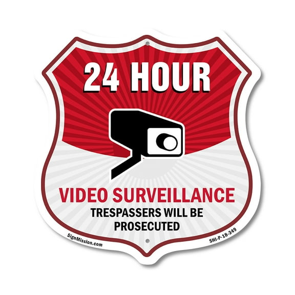 24 Hour Surveillance Shield Sign Video Surveillance Trespassers Will Be Prosecuted 18 inch X 18 inch Shield Shaped Commercial Grade Plastic Sign Weather Resistant Made in the USA