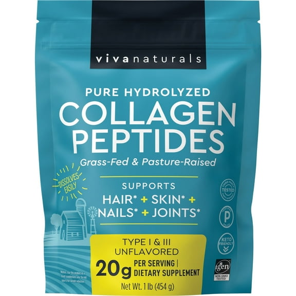 Viva Naturals Pure Hydrolyzed, Bovine Collagen Peptides, Type I & II, 1 lb