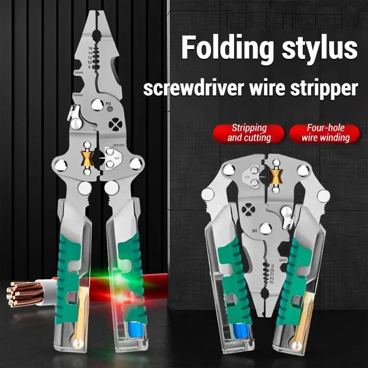 Tuvilo Electrical Pliers, Folding Stylus Screwdriver Wire Stripper, 8 In 1 Wire Stripper Twister For Cutting And Pulling Wires, Cable Scissors,Voltage Tester Pliers(2 Pointed)