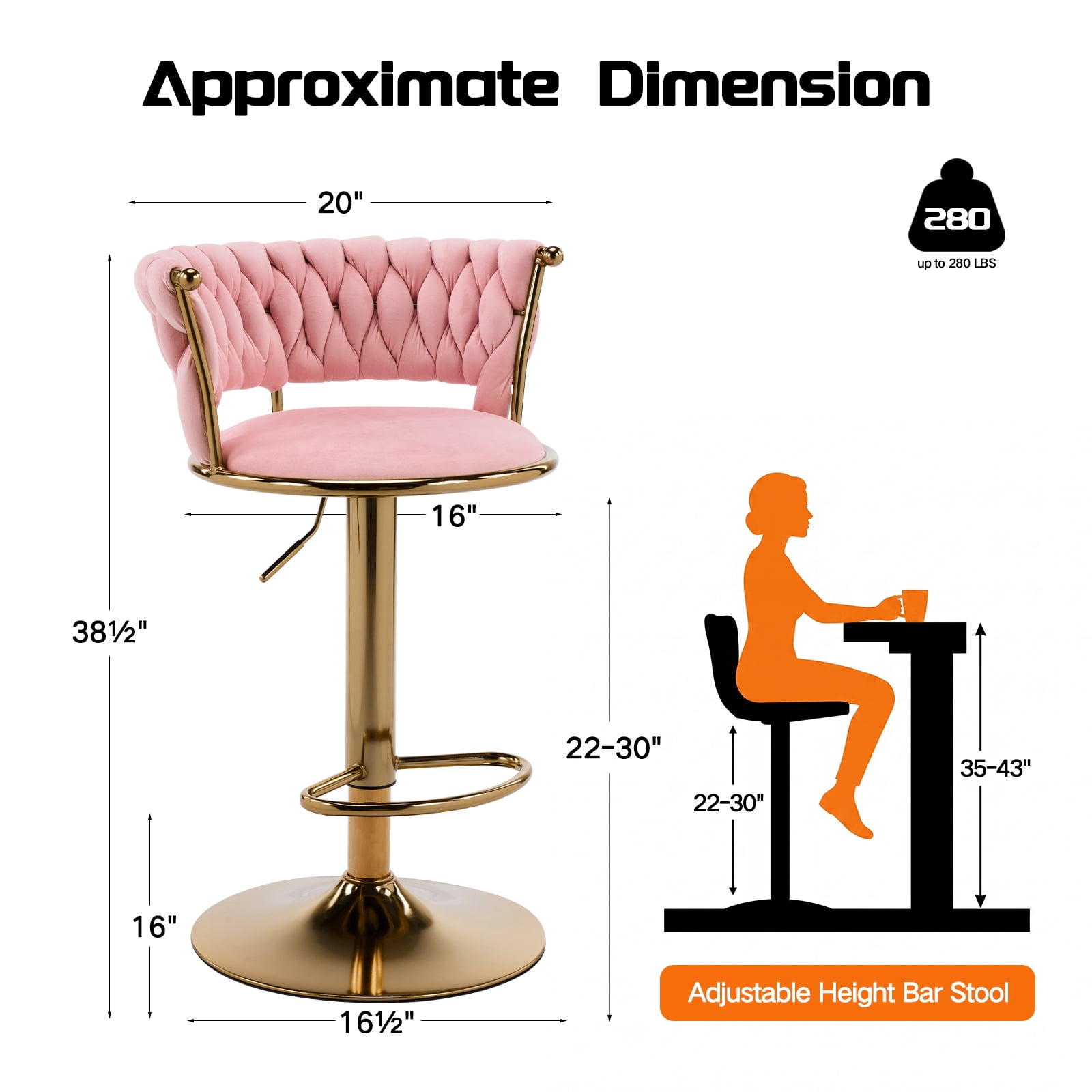 Swivel Velvet Bar Stools Set of 2, Adjustable Height Barstools with Woven Back and Footrest for Kitchen Island, Dining Room, Pink