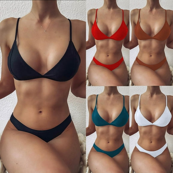 Jacenvly 2024 Plus Size Bikini Swimsuits for Women Skin-Friendly Womens Solid Two Piece Bikini Push-Up Pad Swimwear Swimsuit Beachwear Set Multicolor Cozy Summer Beach Dresses Black