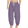 thumbnail image 2 of MKOSPLRT Linen Harem Pants for Kid Girls Boys Drawstring Elastic Waist Cropped Pants Solid Baggy Lounge Pants with Pocket, 2 of 7