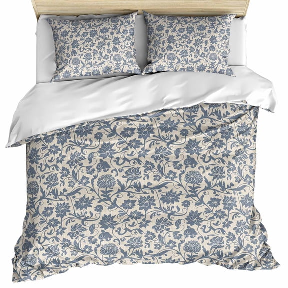 Light Blue Floral Bedding 3 Piece Duvet Cover Set Queen Size, Rustic Vintage Flowers Botanical Spring Soft Microfiber Comforter Cover with Zipper Closure & Pillowcases, FadeResistant Quilt Cover