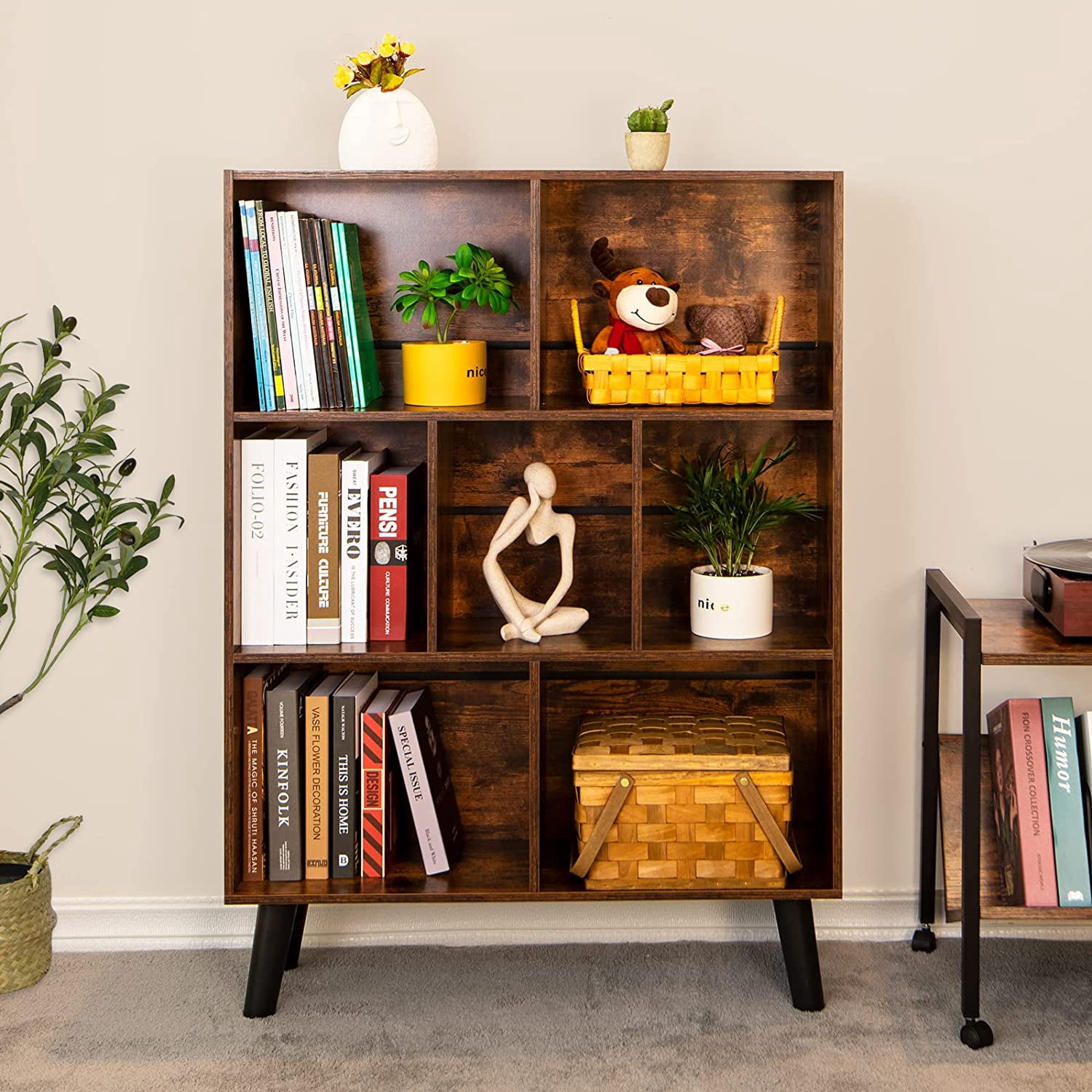 Cube Bookshelf 3 Tier Mid-Century Rustic  Modern Bookcase with Legs,Retro Wood Bookshelves Storage Organizer Shelf,Freestanding Open Book Shelves for Bedroom,Living Room,Office