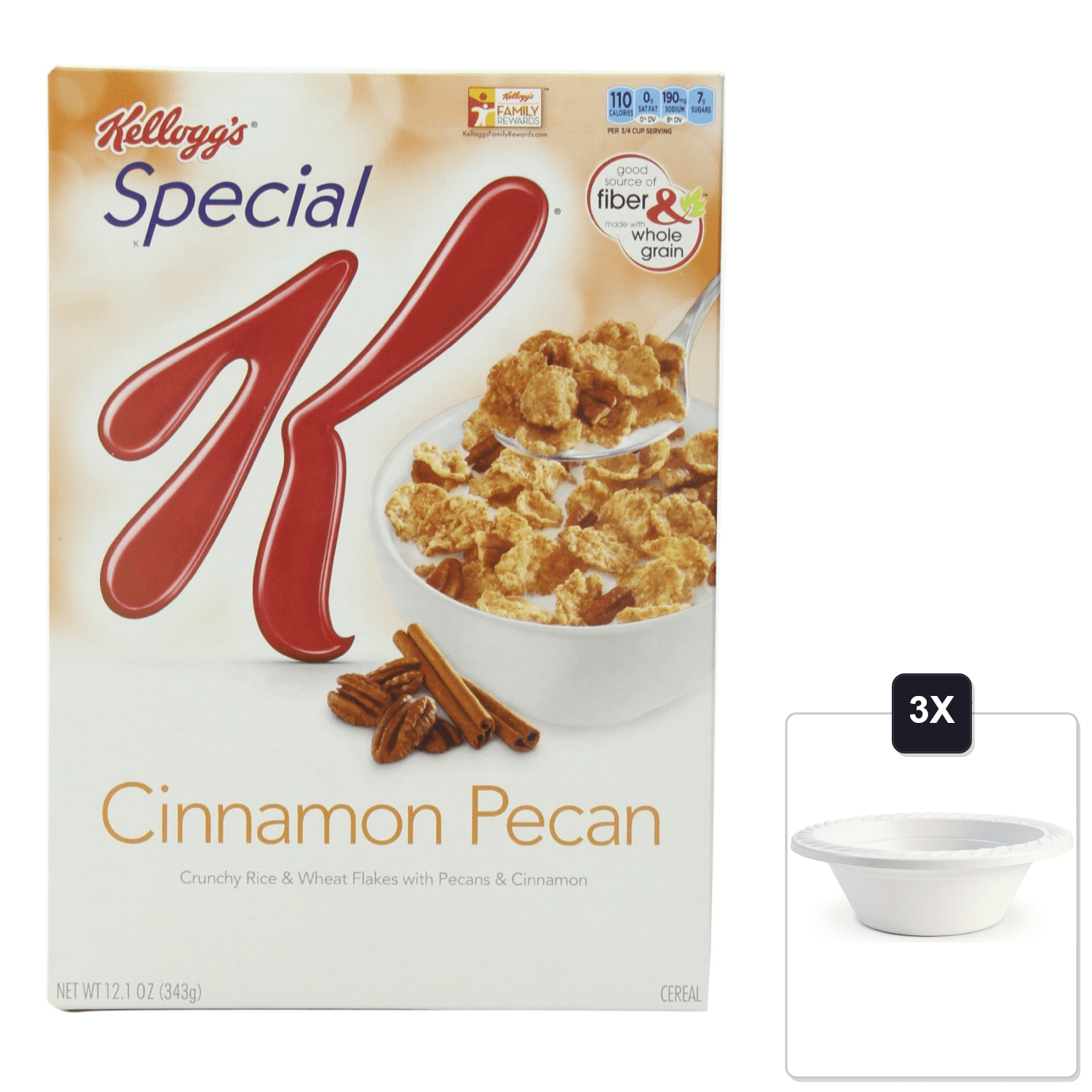 Kelloggs Special K Cinnamon Pecan Cereal, 12.1 oz (3 Pack) & 3x 12oz Disposable Plastic Bowl