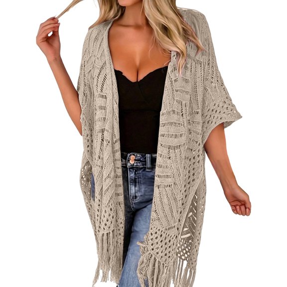 Women Fringe Sheer Knit Beach Cover Up Lightweight Resort Swimwear Top,Khaki,One Size