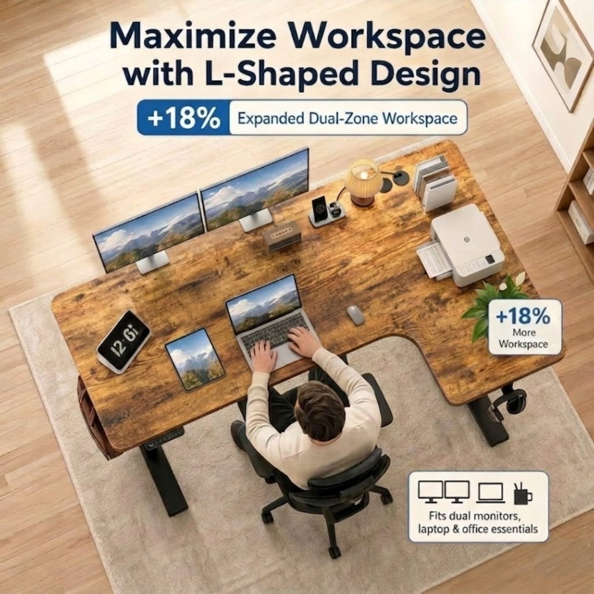 L-Shaped Electric Standing Desk, Adjustable Height Corner Desk with Memory Controller, Heavy-Duty Steel Frame, Quiet Motor, 200 lb Capacity