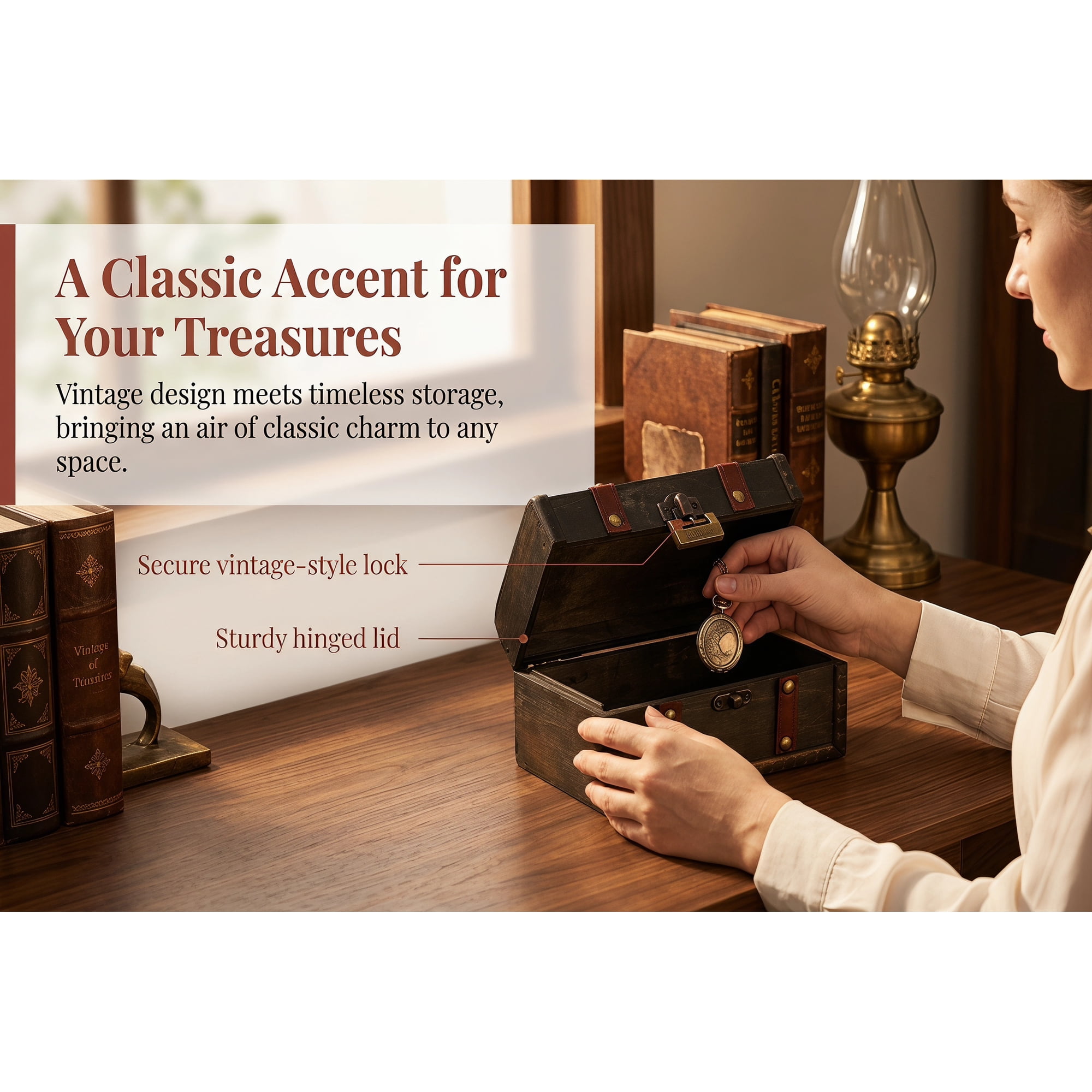 Hytrove Wood Keepsake Chest Small Wooden Treasure Box Vintage Jewelry Organizer with Lock