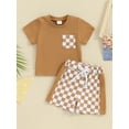 thumbnail image 2 of Suealasg 2Pcs Toddler Baby Boys Clothes Kids Boys Summer Beach Outfit 3M 6M 9M 12M 18M 24M Short Sleeve Tops + Checkerboard Printed Shorts Set, 2 of 9