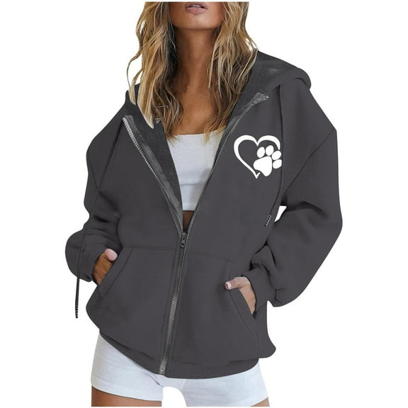 Babysbule Fall Jackets for Women OutfitFashion Women's Zipper V-Neck Pullover Tops Long Sleeve Print Hooded Blouse Sweatshirt Women's Tops Blouse