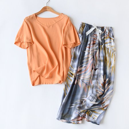 

Breathable 2PCS Pajama Short Sleeve Printed Pijama Mujer Femme Loose Nightwear Suit Female Casual Homewear Pajama Set For Women