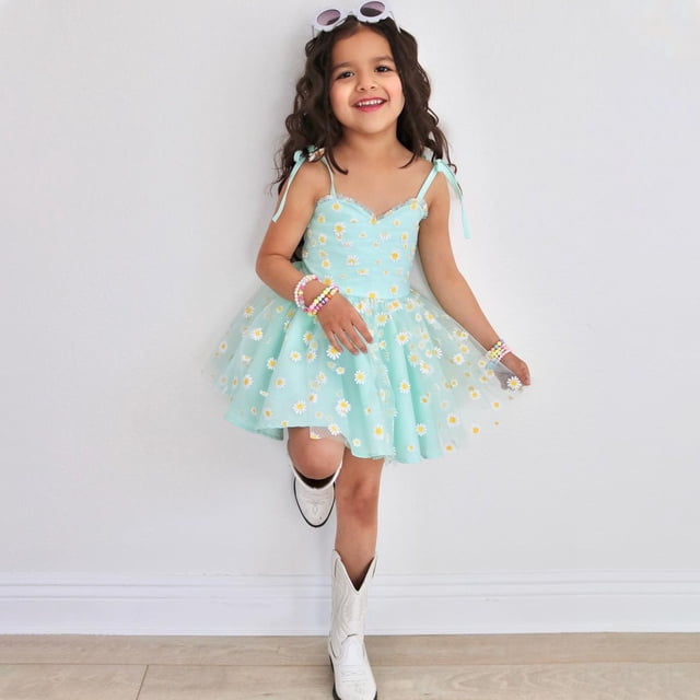 Txlixc, vestido de princesa para niñas pequeñas, vestido de tirantes sin mangas con estampado de margaritas, vestido informal de verano con tirantes finos y tutú de malla Txlixc Moda