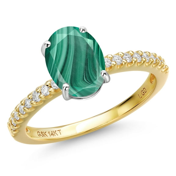 Gem Stone King 14K Two Tone Gold Green Malachite and Lab Grown Diamond Engagement Ring for Women | 2.66 Cttw | Oval 9X7MM | Gemstone Birthstone | Size 7
