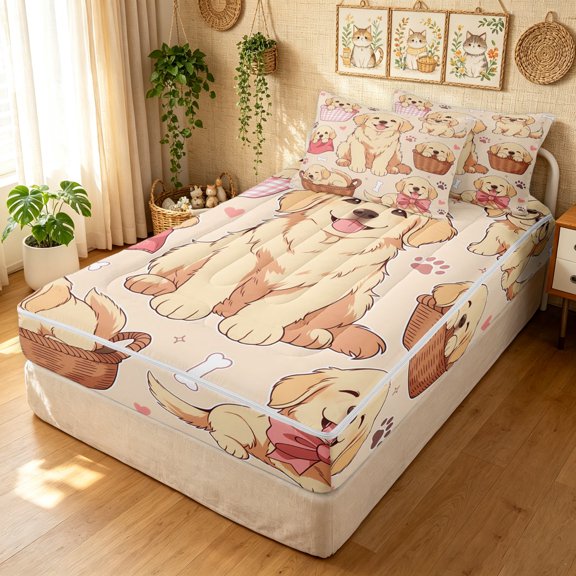 Manfei Kawaii Puppy Zipper Twin Comforter Sets with Fitted Sheet and 2 Pillowcases, Cartoon Bow Dog Zipper Bedding Set, Cream Pink, Black Reversible, 4-Piece