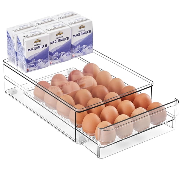 vacane 24 Egg Drawer for Fridge, Pull Out Egg Storage Container with Non-Slip Pads Refrigerator Organizer Bins Clear Egg Holder, Egg Tray-Bpa Free Eg